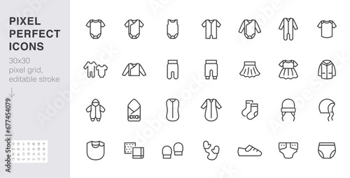 Baby clothes line icon set. Children fashion - bodysuit, onesie, romper, bib, swaddle, overall minimal vector illustration. Simple outline sign for apparel store. 30x30 Pixel Perfect, Editable Stroke