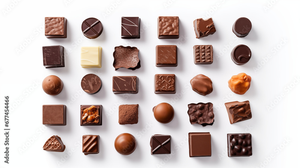 Chocolate on white background. variety of artisan chocolate with ...