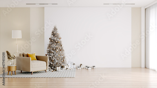 Christmas and happy new year with Minimal interior lliving room ,christmas tree ,white wall background ,wood floor ,3d render