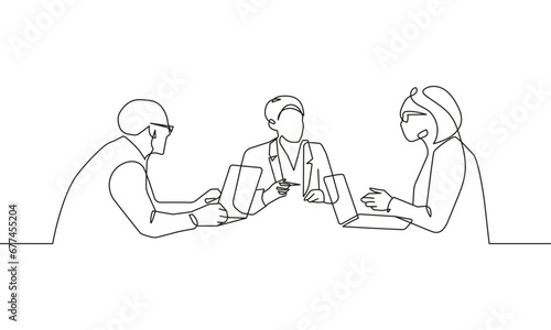 Continuous One Line Drawing of Business Group with Laptop in Office. People Working One Line Illustration. Business Concept Abstract Linear Style. Minimalist Contour Drawing. Vector EPS 10 