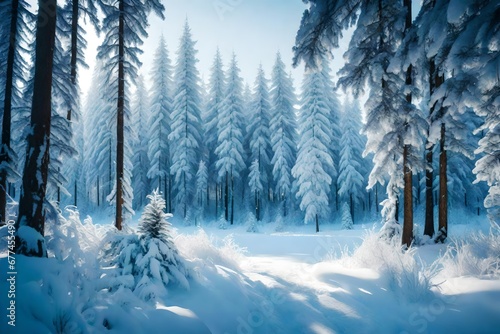 winter forest in the morning, tree cover with snow , mountaine cover with snow , sunrise  photo