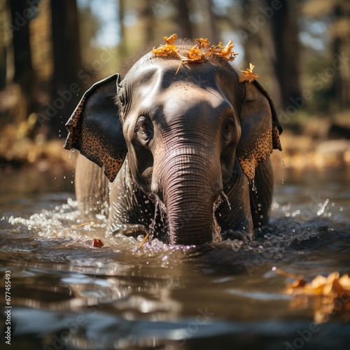 A male Asian elephant is enjoying bathing. © Malindu