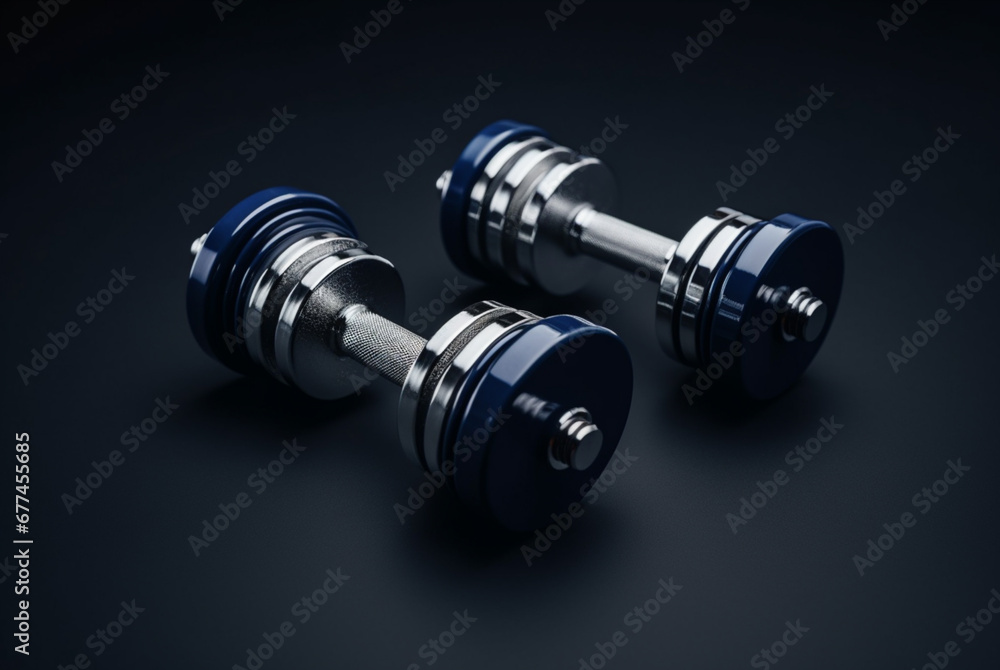 Black dumbbells on rim black background Black dumbbells on rim black background