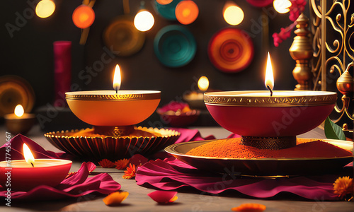 A modern design of Diwali Diya or Oil Lamp, Oil Lamp or Lit Lamp in a beautiful background, A modern Diwali celebration with a fusion of traditional and contemporary elements. Diwali lights