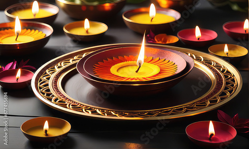 A modern design of Diwali Diya or Oil Lamp, Oil Lamp or Lit Lamp in a beautiful background, A modern Diwali celebration with a fusion of traditional and contemporary elements. Diwali lights