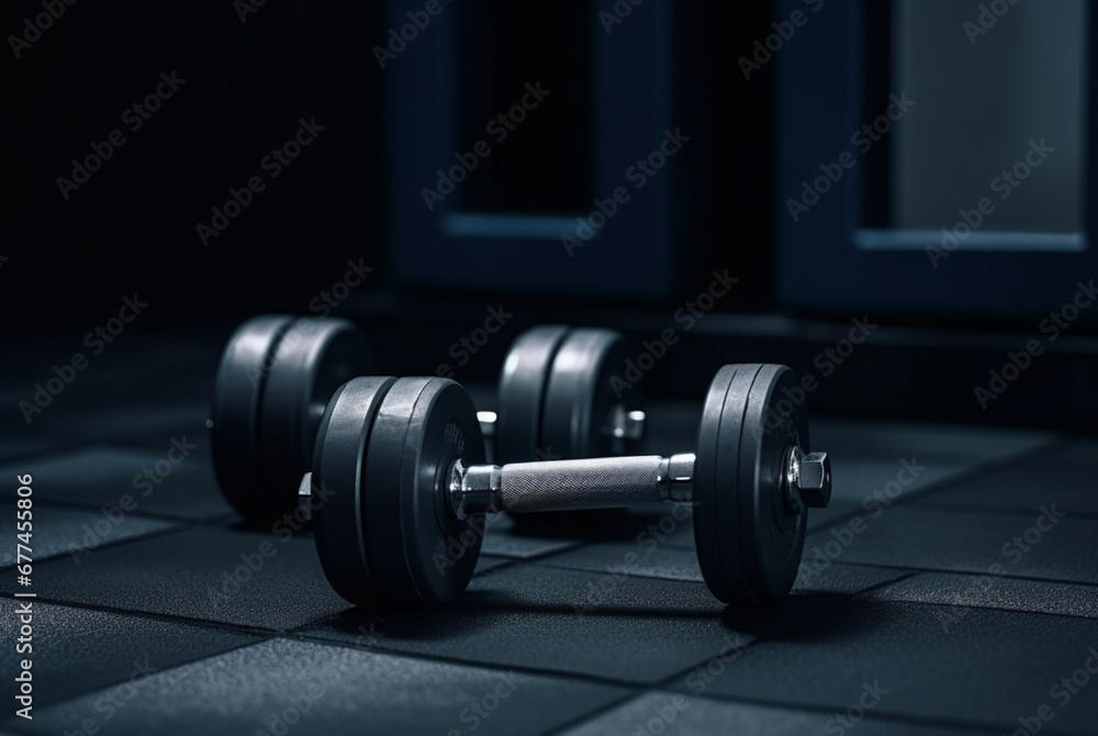 Fototapeta premium Black dumbbells on rim black background