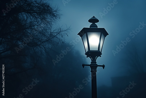 A street light in the darkness, in the style of gloomy, muted tones