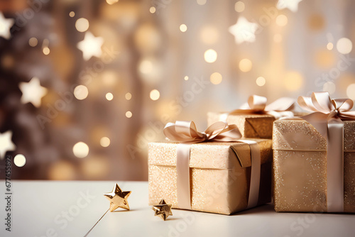 Glittery Golden Gift Boxes with Satin Bows and Bokeh Effect photo