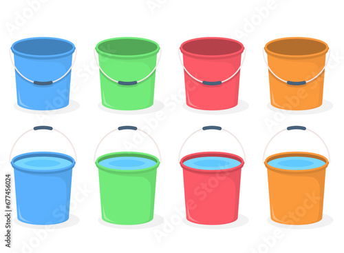 Set of empty buckets and buckets with water, vector eps10 illustration