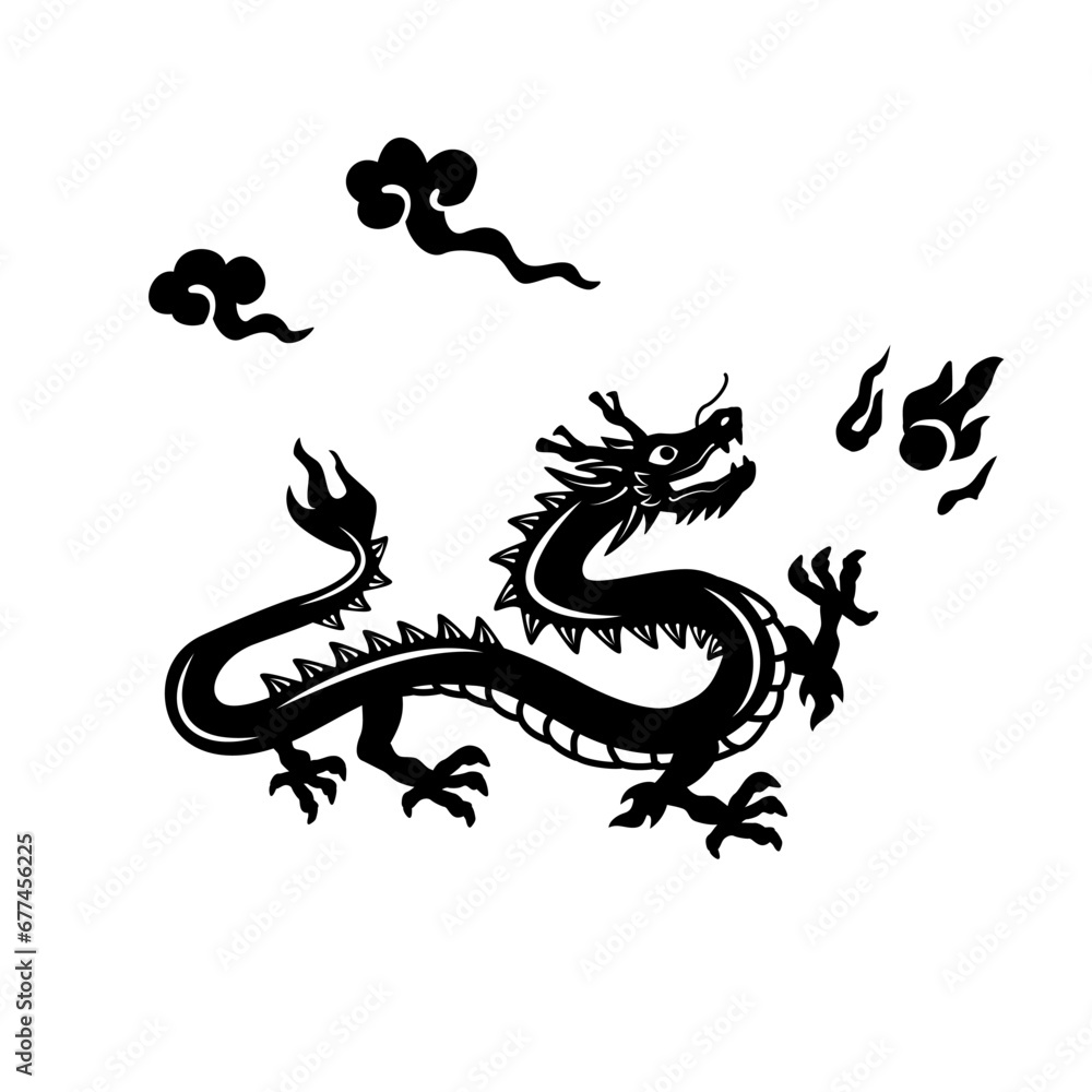 Fototapeta premium Chinese dragon illustration in black silhouette color. Vector design elements of dragon zodiac sign