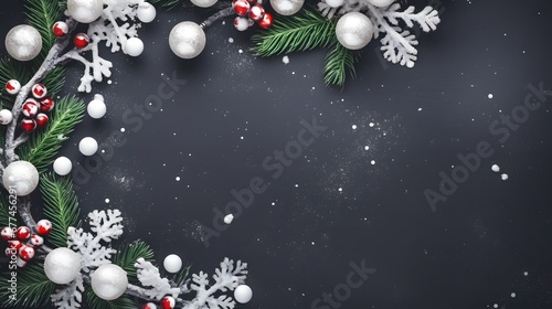 Frame with christmas wreath  white balls  berries  branches and snowflakes on dark background top view. Merry christmas greeting card. Winter xmas holiday theme. Happy New Year. Flat lay.