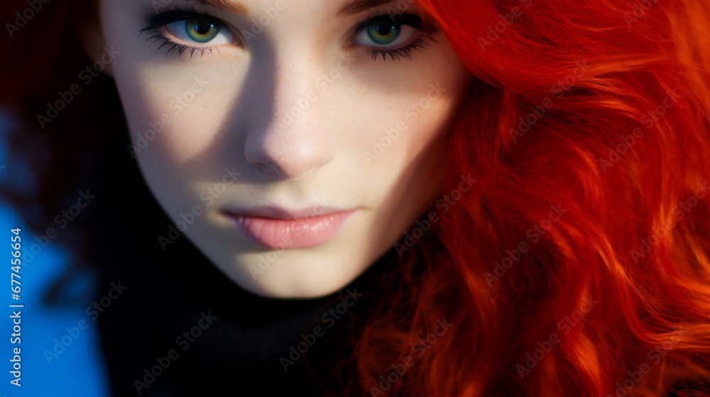 Fototapeta premium Studio portrait of a female model highlighting a perfect complexion. Red hair. Extreme closeup. Skin care and cosmetics.