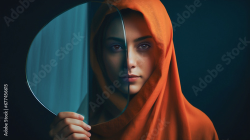 Portrait of a woman holding a piece of glass covering half of her face. Wearing an orange head covering. Surreal and introspective.