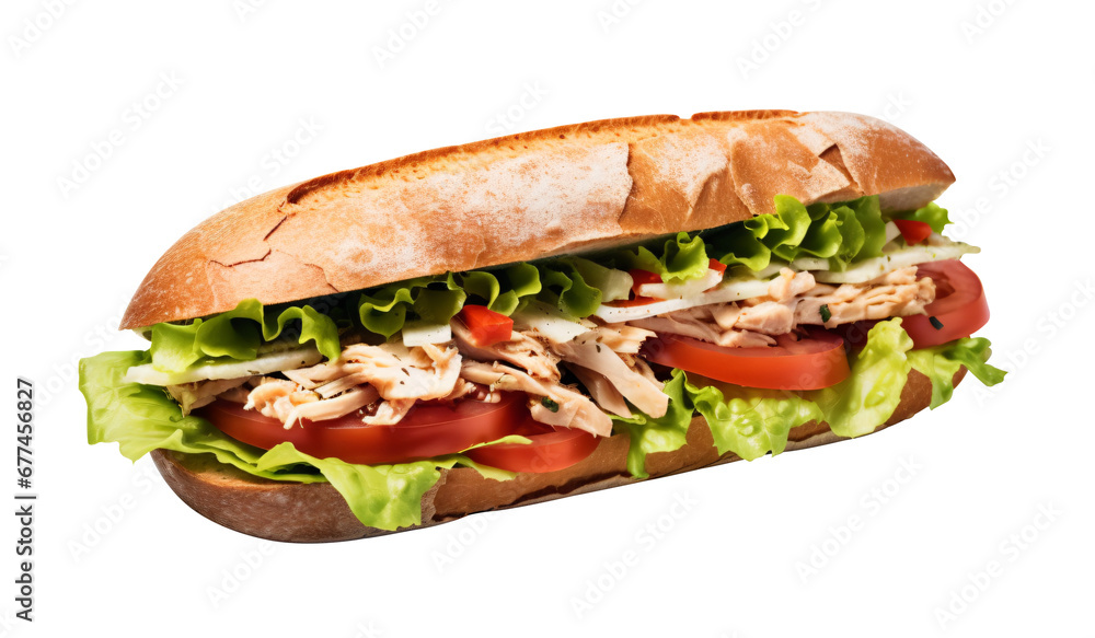 From above appetizing sandwich with grilled chicken, fresh lettuce and tomatoes served on transparent background - Generative AI - obrazy, fototapety, plakaty 