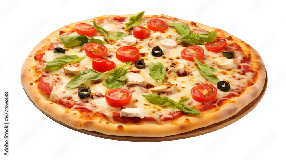 Italian pizza with melted mozzarella cheese green olives and tomato garnished with fresh vegetables and basil leaves. isolated on transparent background - Generative AI