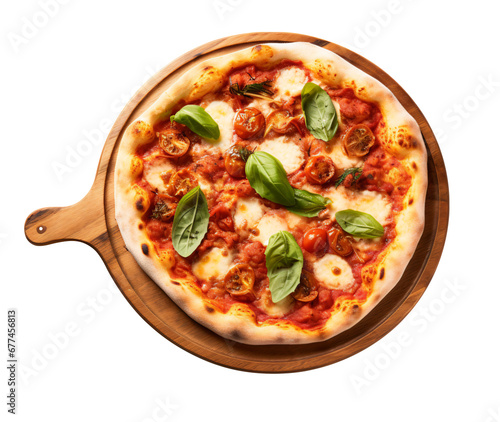 Classic italian pizza on a round wooden board. Isolated on transparent background - Generative AI