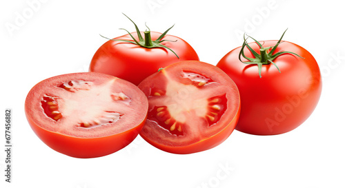 Tomato isolated. Tomato whole, half and slice on transparent background - Generative AI