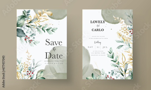 Floral engagement invitation template with leaves watercolor