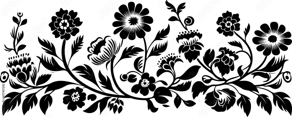 Vector black silhouettes of flowers isolated background.