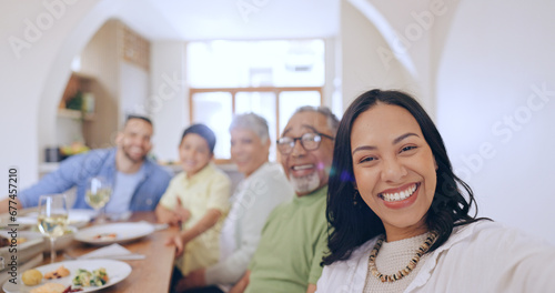 Home  selfie and family with celebration  smile or festive season with a Christmas meal  bonding together or generations. Portrait  grandparents or mother with father  child or kid with food or lunch