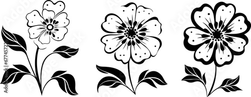 Vector black silhouettes of flowers isolated background.