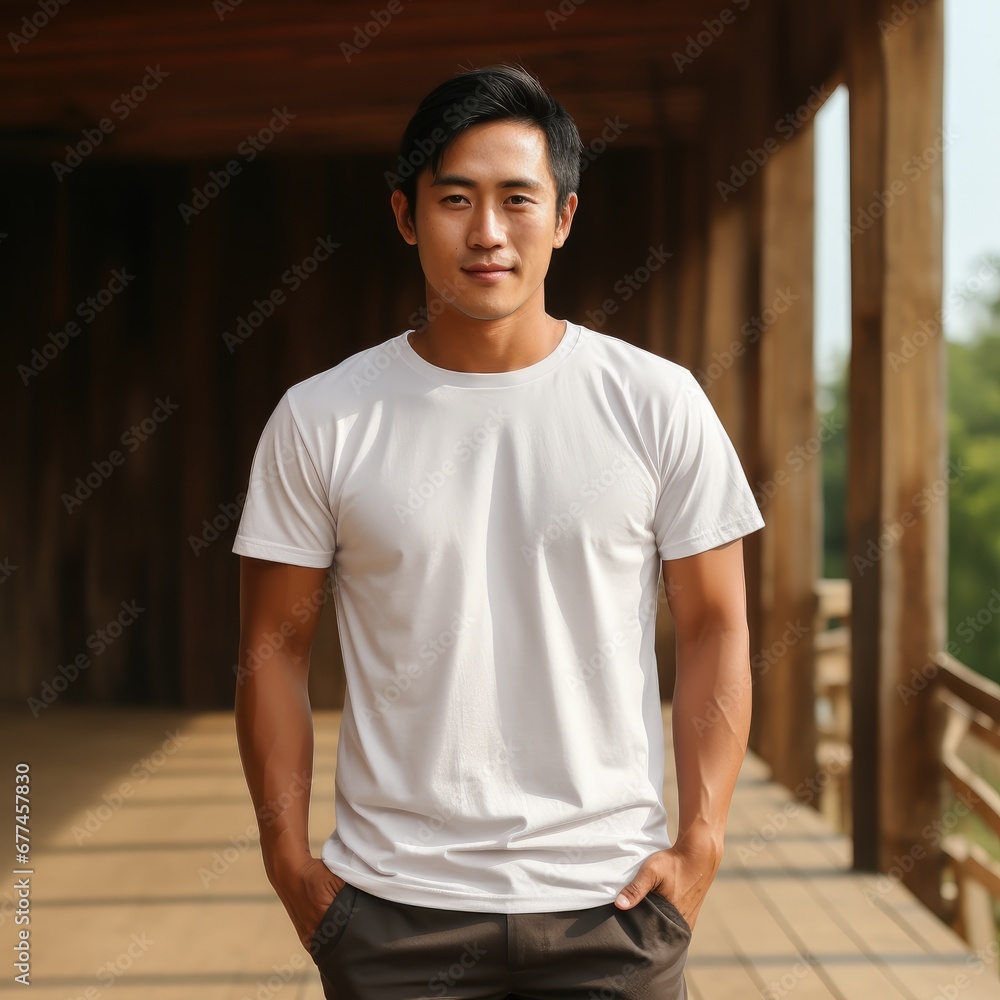 attractive asian man wearing blank t-shirt for graphic design mockup attractive asian man wearing blank t-shirt for graphic design mockup