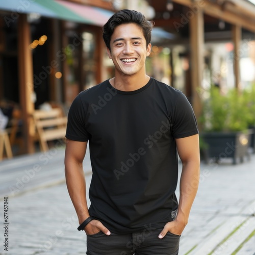 attractive asian man wearing blank t-shirt for graphic design mockup © Leli