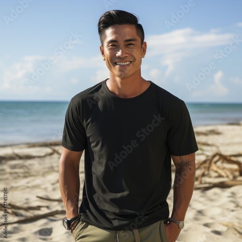 attractive asian man wearing blank t-shirt for graphic design mockup