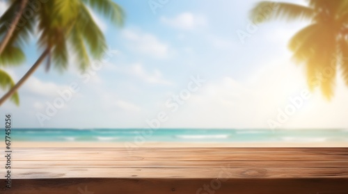 The empty wooden table, Beautiful blurred boreal sea background