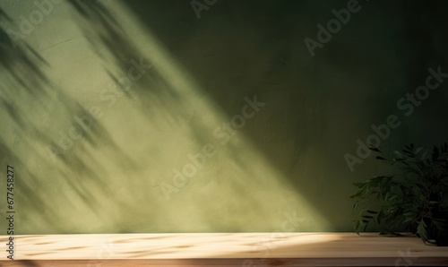 Empty table on khaki green texture wall background. Composition with leaves shadows on the wall and light reflections. Mock up for presentation, branding products, cosmetics food, Generative AI