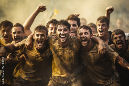Cheerful team soccer players celebrating victory and take a selfie photo together in the field background.