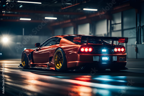 A red sports car is parked in a dark warehouse with the brake lights on. The background is a concrete wall and the floor is wet with light reflecting off it. © NOVEL'S Creation