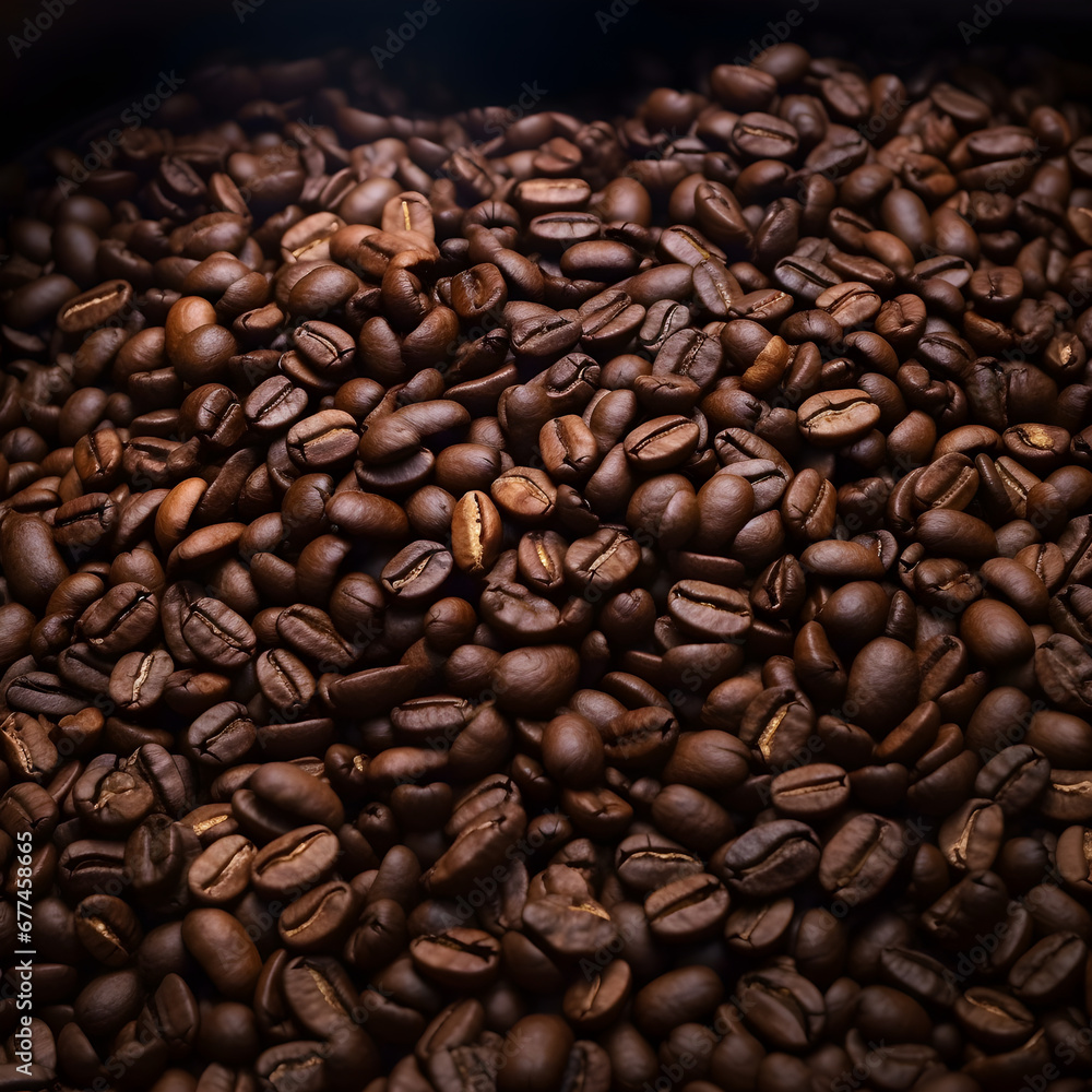 Obraz premium Brown Roasted pile of coffee beans, aroma, on Dark Background.