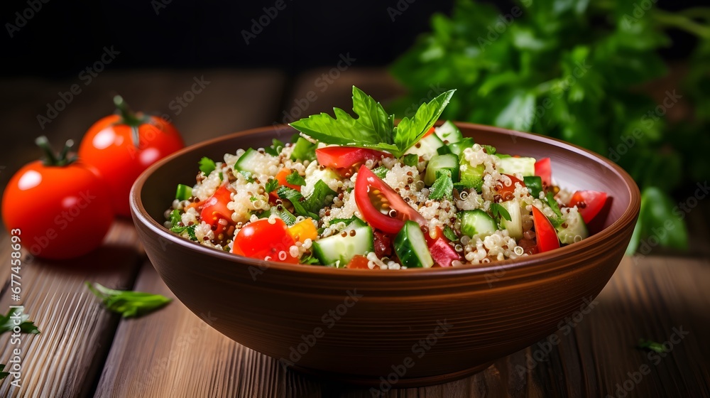 Fresh healthy salad with quinoa, colorful tomatoes, sweet pepper, cucumber and parsley on wooden background close up. Food and health. Superfood meal. Fresh healthy salad with quinoa, colorful tomatoes, sweet pepper, cucumber and parsley on wooden background close up. Food and health. Superfood meal.
