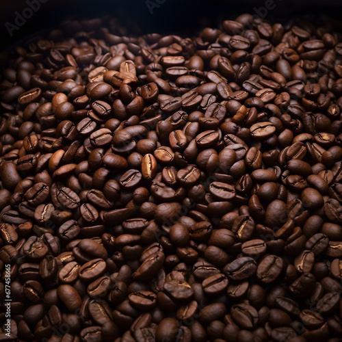Brown Roasted pile of coffee beans, aroma, on Dark Background.