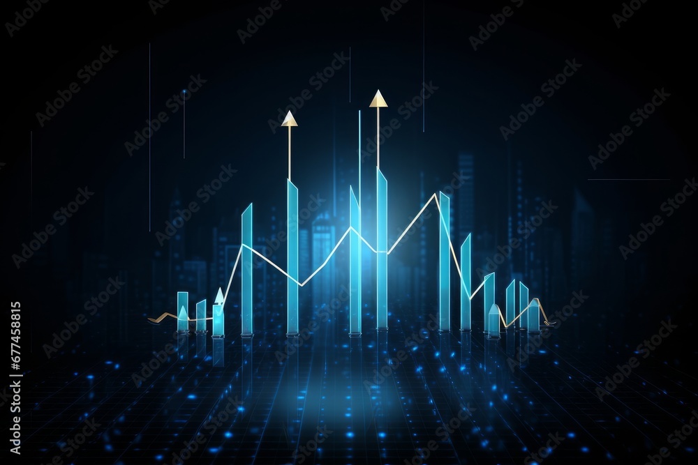 Futuristic raised triple-up arrow chart with candlesticks digital transformation abstract technology background. Big data and business growth currency, Generative AI - obrazy, fototapety, plakaty 