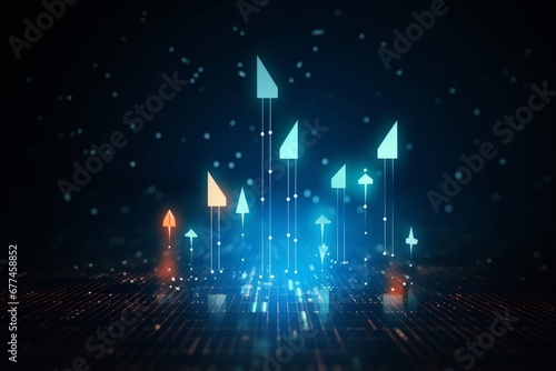 Futuristic raised triple-up arrow chart with candlesticks digital transformation abstract technology background. Big data and business growth currency, Generative AI photo