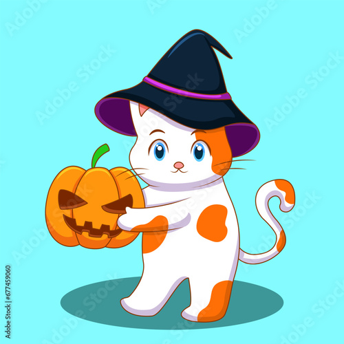 Cute Cat Carrying Pumpkin Illustration