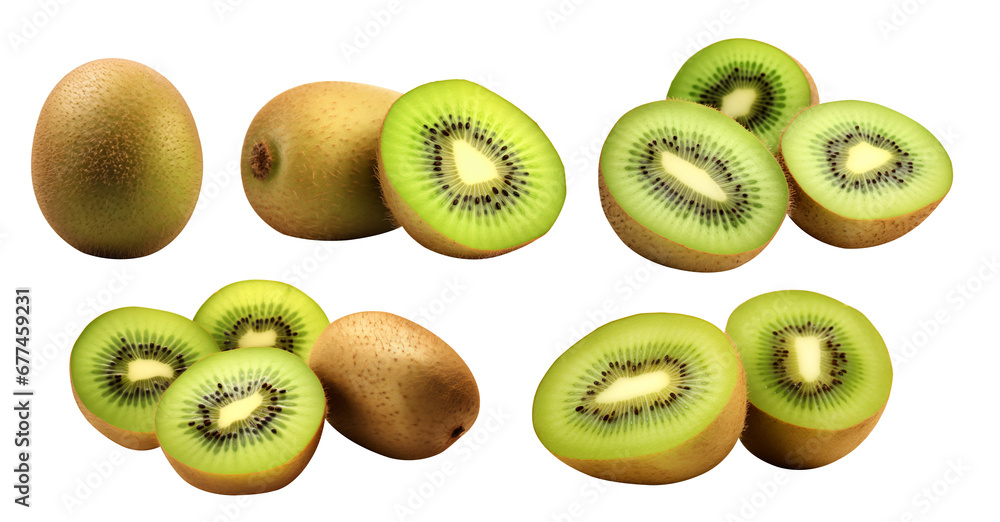 Fototapeta premium Kiwi fruit isolated. Set of whole and sliced kiwi isolated on transparent background - Generative AI