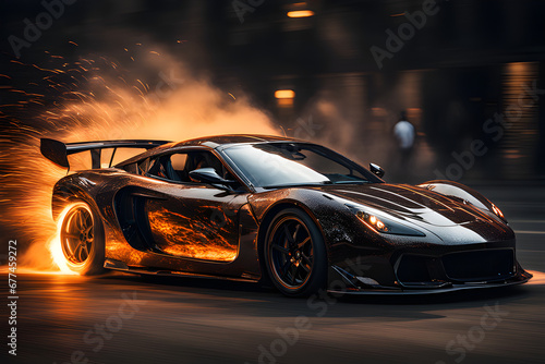 A sports car with flames painted on it is shown driving at night, with sparks flying behind it.