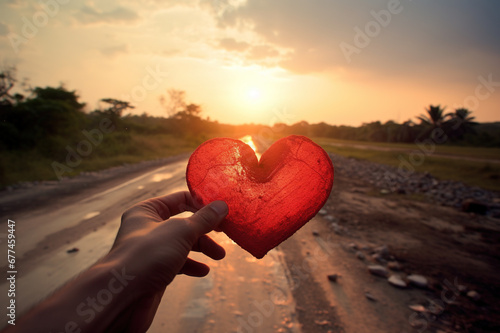 Close-up of silhouette of a man s hand holding a red heart against the backdrop of sunset