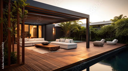 luxury hotel lounge, a lavish side outside garden at morning, with a teak hardwood deck and a black pergola. Scene in the evening with couches and lounge chairs by the pool © Planetz