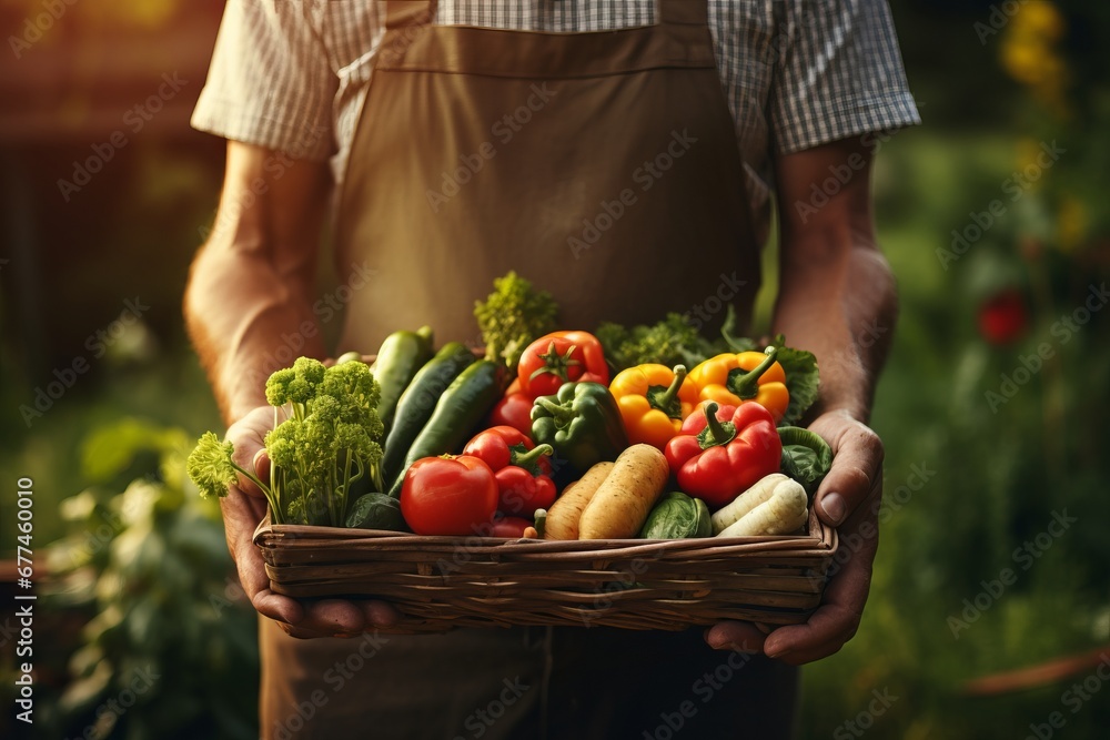 Fototapeta premium The Bounty of the Harvest: A Man Holding a Basket of Fresh, Colourful Vegetables. A man holding a basket full of vegetables