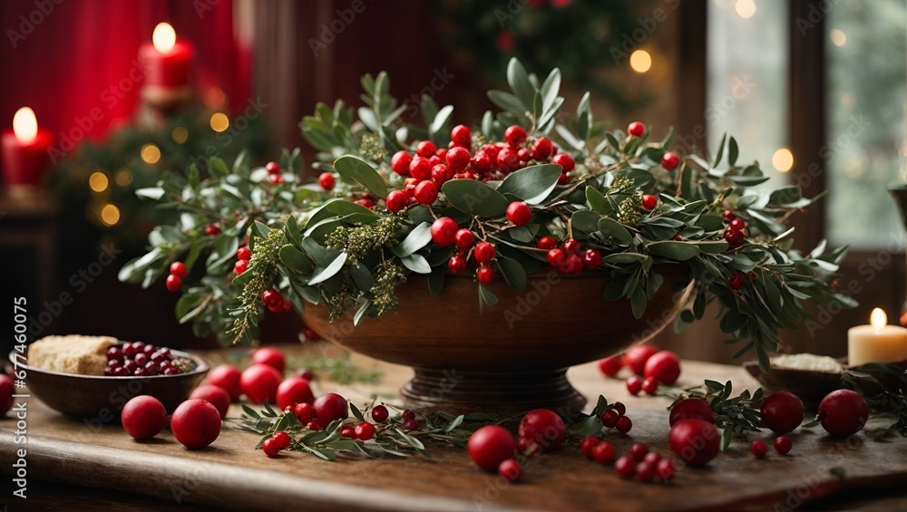 An abstract scene featuring mistletoe, blending traditional greenery with red berries and a magical aura of joy.