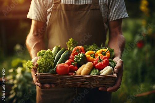The Bounty of the Harvest: A Man Holding a Basket of Fresh, Colourful Vegetables. A man holding a basket full of vegetables photo