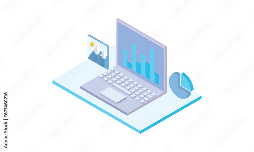 Isometric data analysis on laptop.on white background.3D design.isometric vector design Illustration. Isometric data analysis on laptop.on white background.3D design.isometric vector design Illustration.