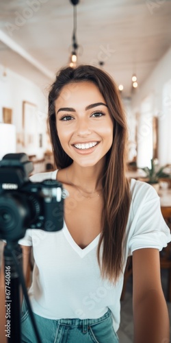 Image of a smiling gorgeous young female influencer blogger looking at the camera with thick eyebrows