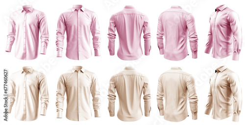2 Set of pastel light pink beige button up long sleeve collar shirt front, back and side view on transparent background cutout, PNG file. Mockup template for artwork graphic design
