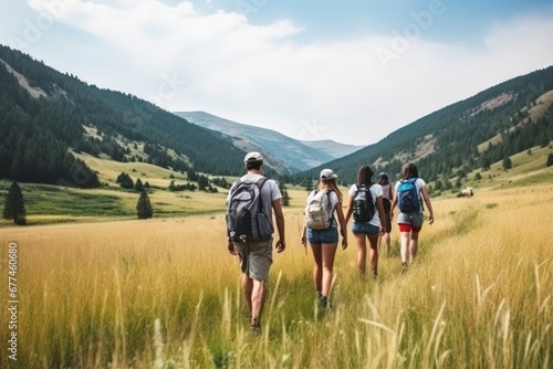 Family on foot walking with hiking backpacks climbs mountains in summer enjoying nature. Big friendly hikers family walks in countryside valley to get some fresh air at mountains hike under warm sun