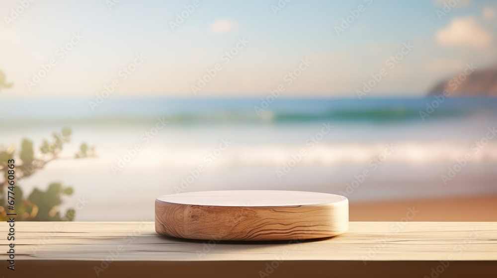 Wooden podium on tropical beach background. Product presentation and summer concept.